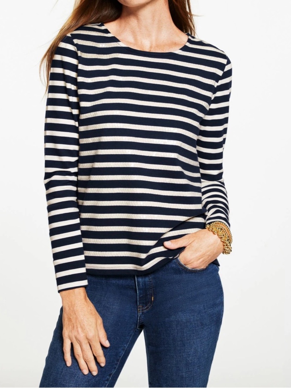 Talbots Navy and Cream Striped Long-Sleeve Top